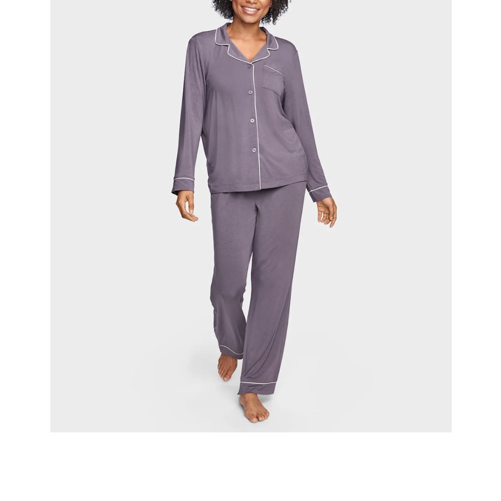 Long-Sleeve Pajama Set in Dusty Mauve with Contrast Piping